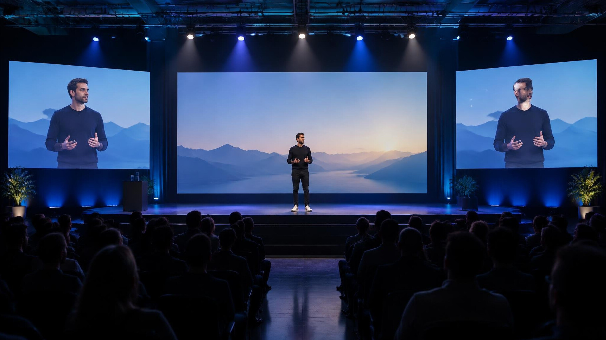 Conference stage with a speaker framed by lighting and screens