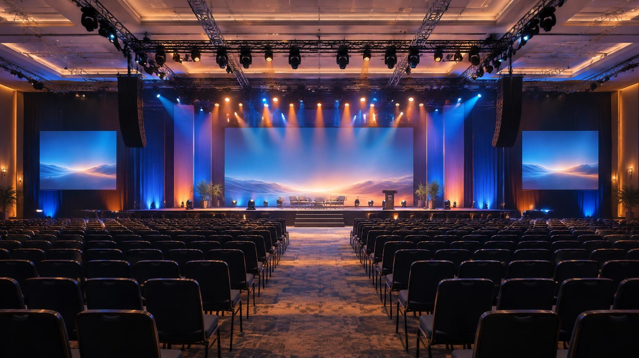 Event hall with stage lights and audience