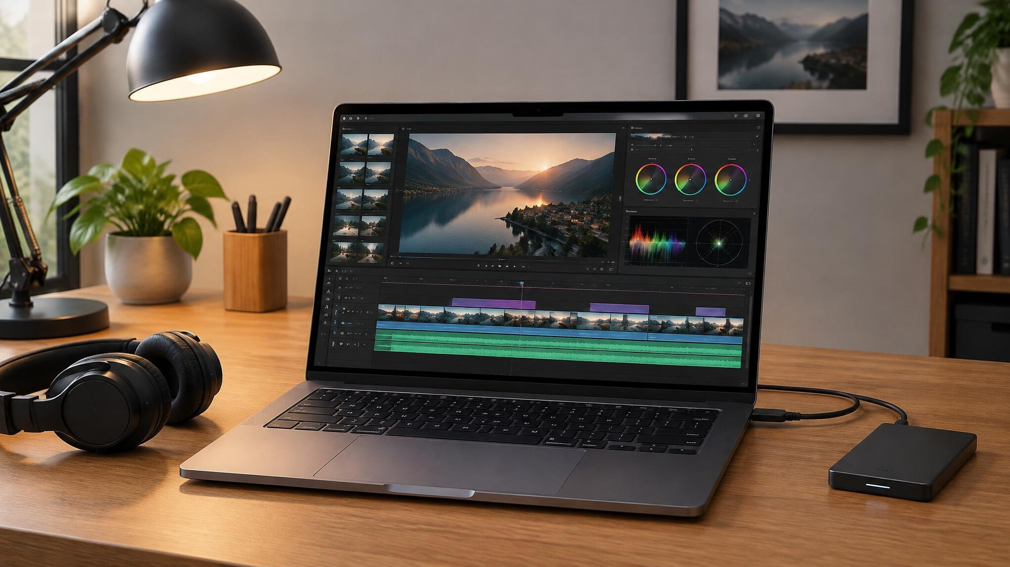 Laptop on a desk showing video editing timeline