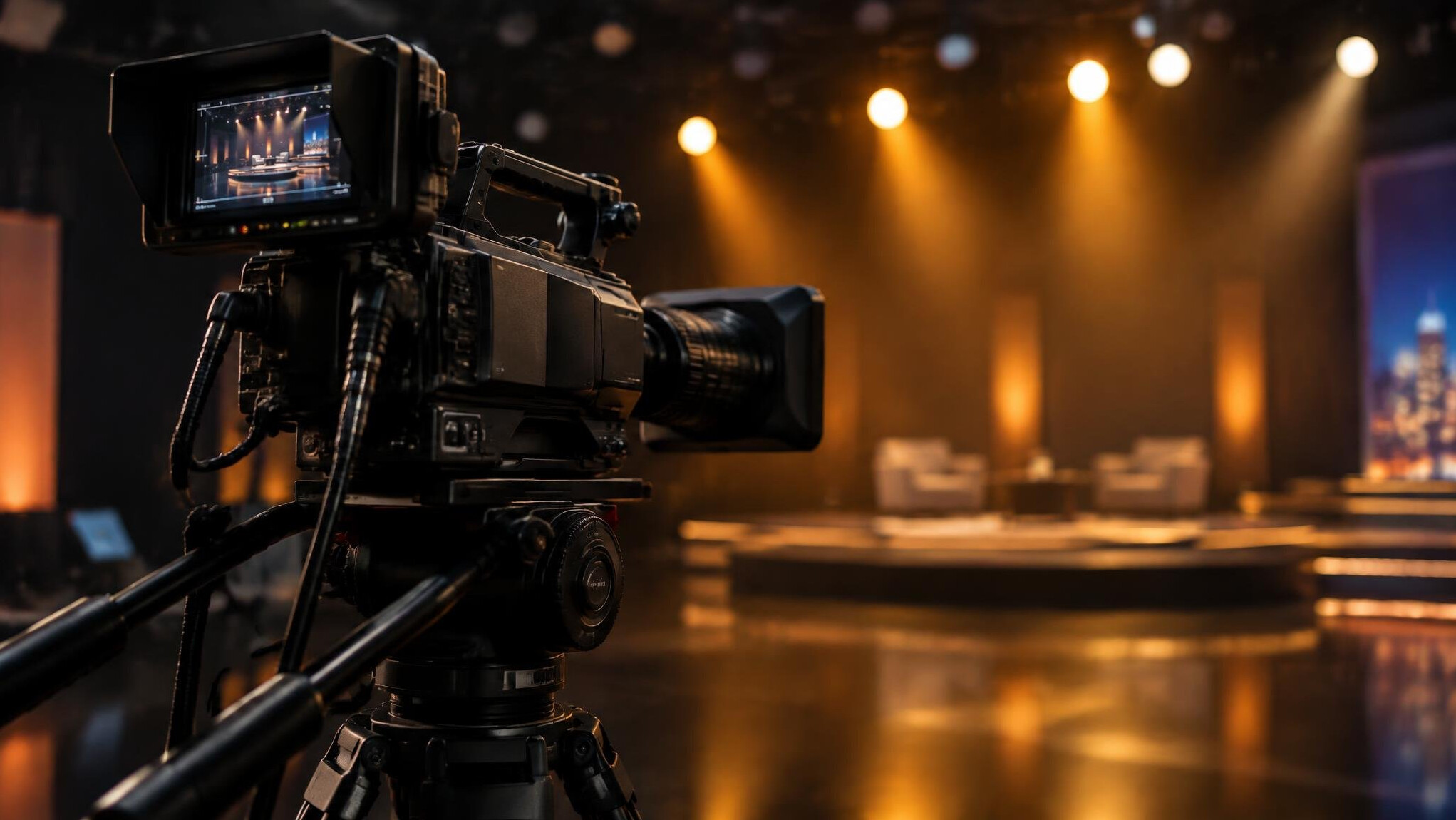 Video camera on a tripod in a dark TV studio with stage lights