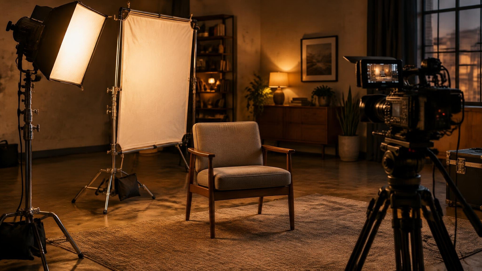 Film set with soft key light and light stands