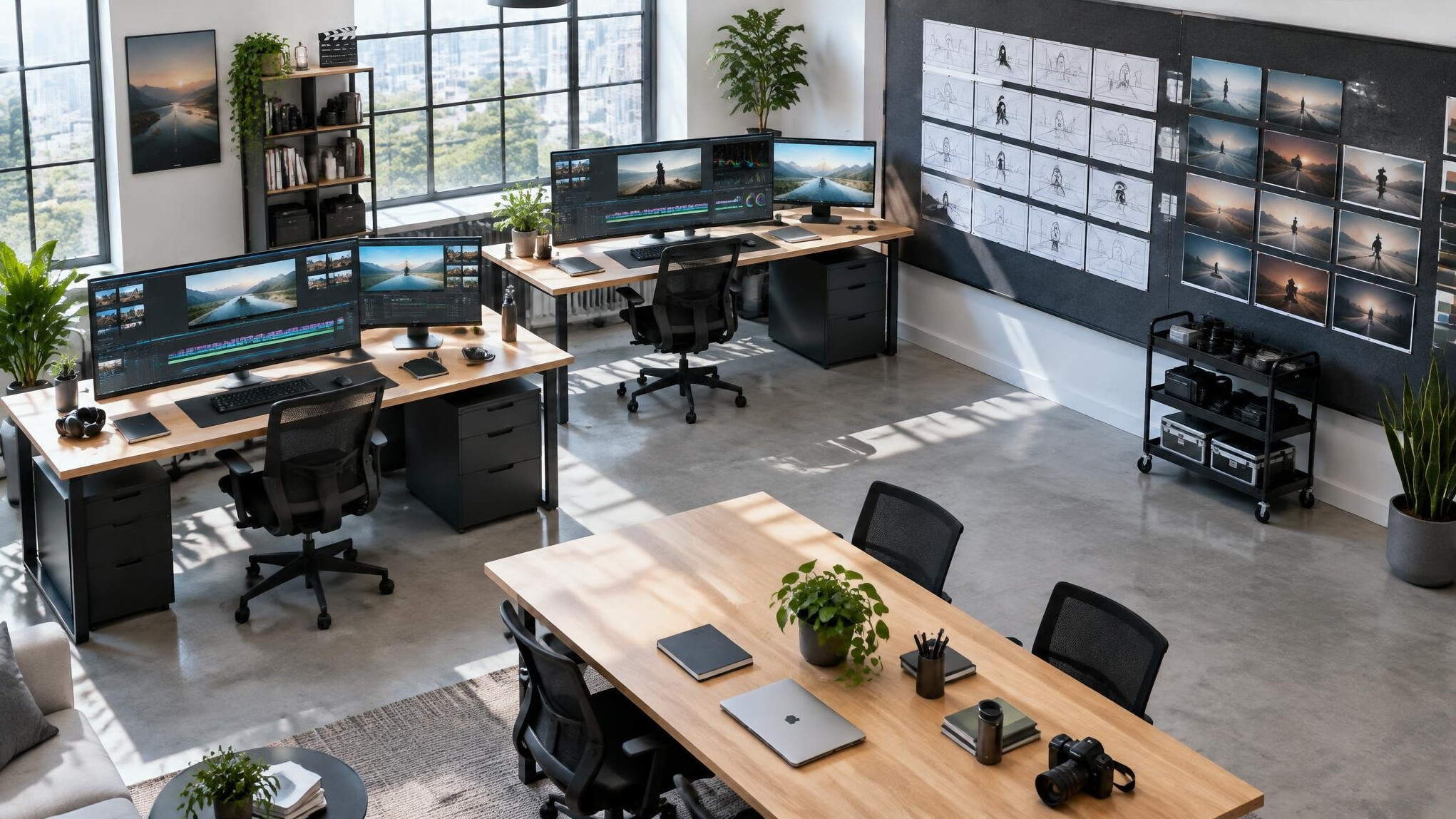 Bright production office with desks and monitors seen from above