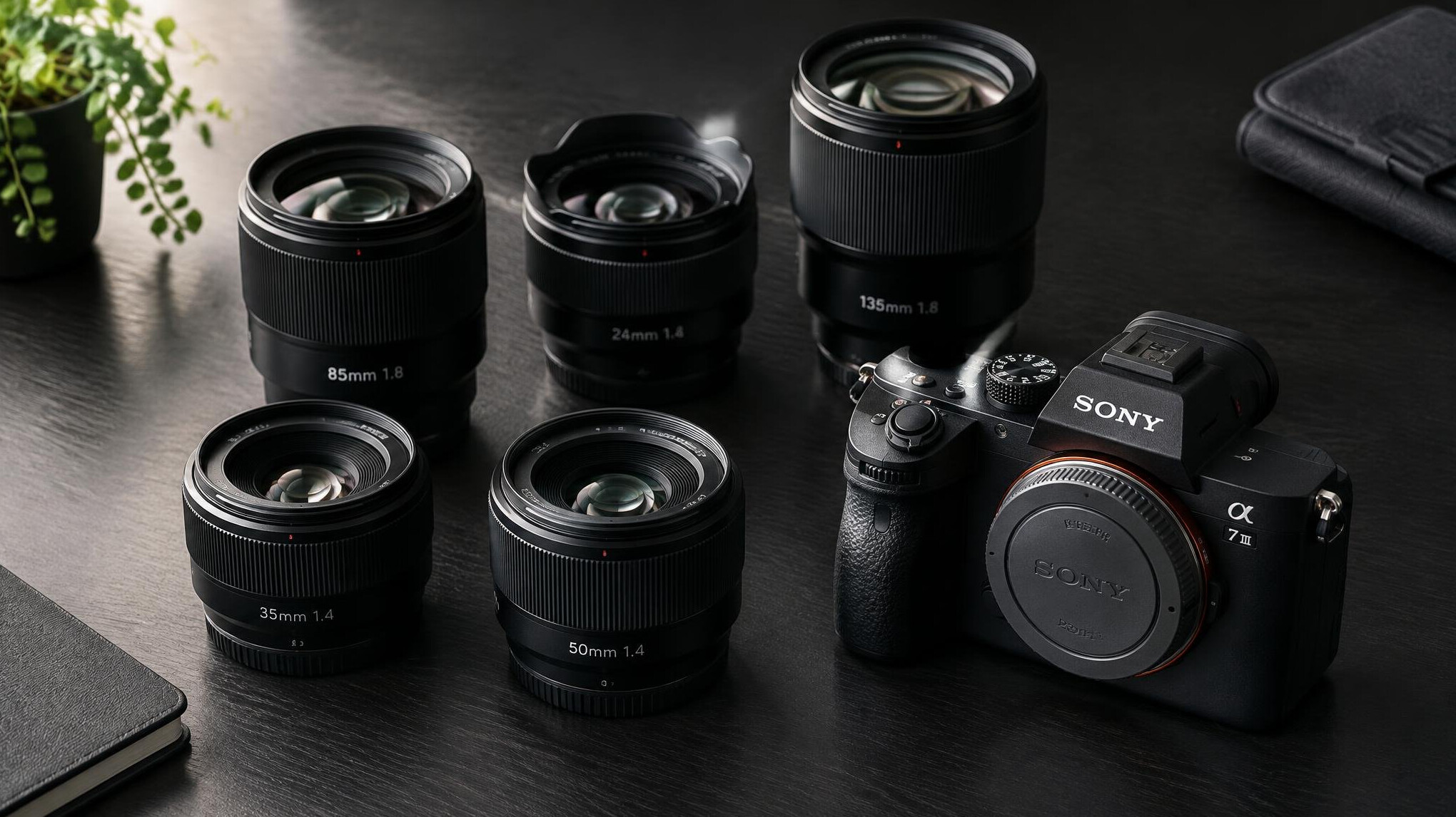 Collection of camera lenses and camera body on a table