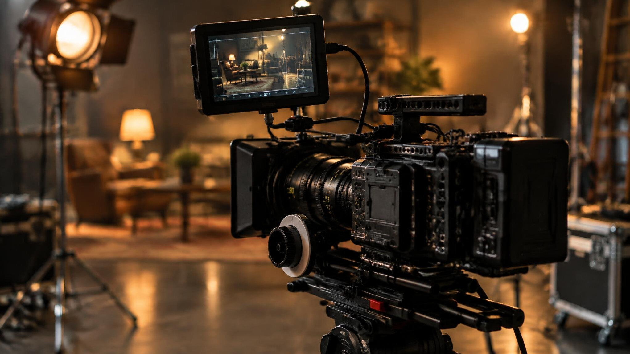 Cinema camera with monitor on a film set