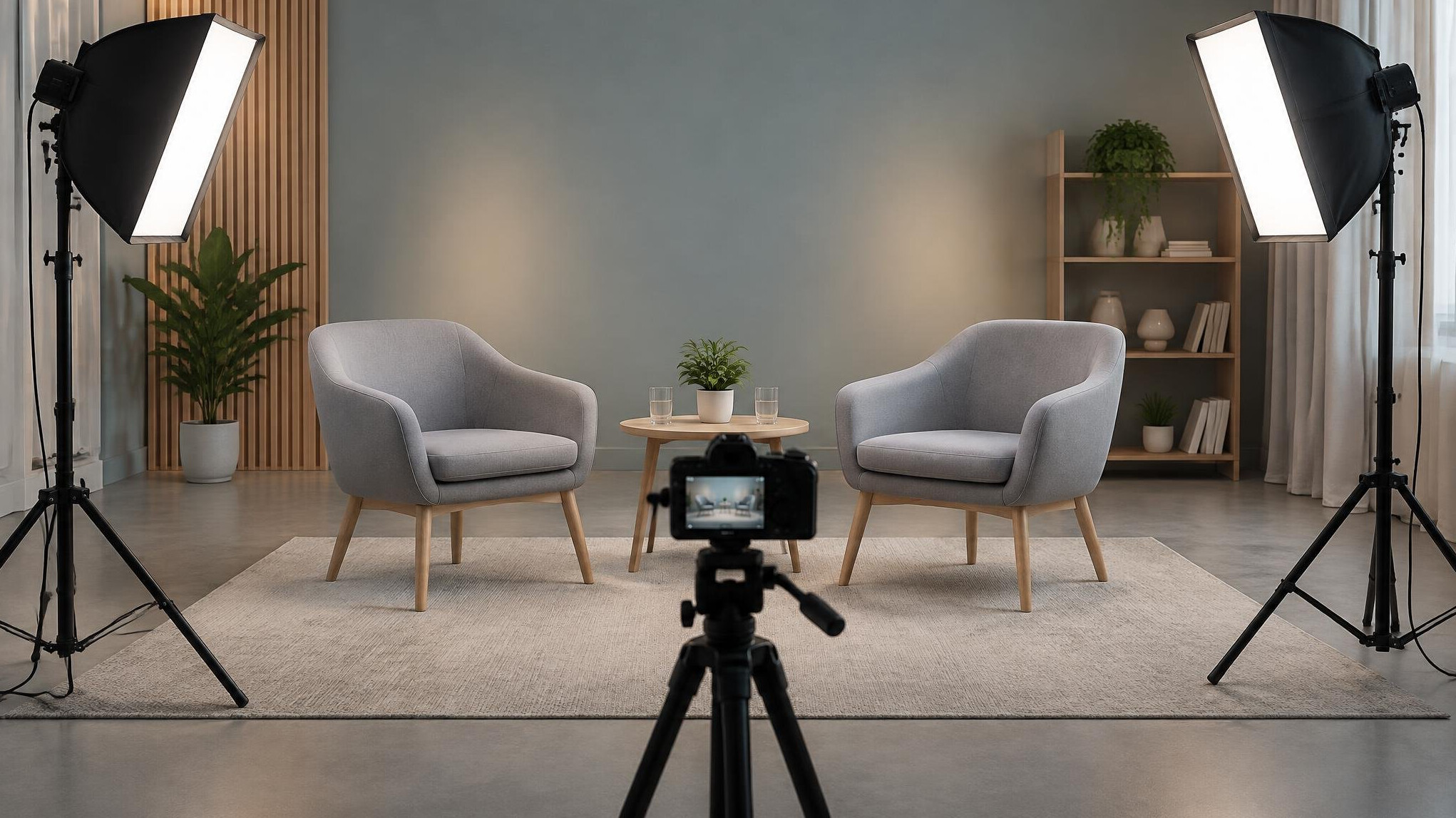 Camera and light panels set up for an interview in a studio